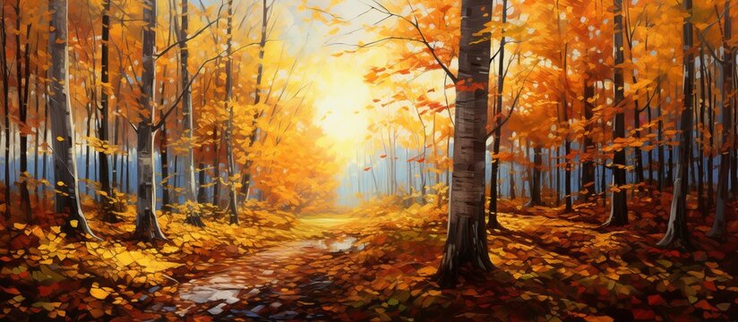 A beautiful painting of a forest featuring lush trees with leaves, sunlight filtering through the branches, and a peaceful natural landscape where people can connect with nature through art