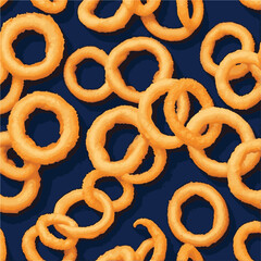 Crispy golden onion rings pattern on blue background - tasty fried onion rings funny food background vector illustration.