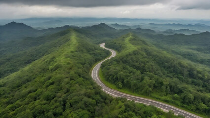 beautiful curve road on green forest up view Generative AI