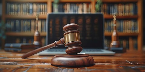 A gavel on a laptop symbolizing the intersection of law and technology in the digital age. Concept Law and Technology, Legal Innovation, Digital Transformation, Legal Tech Integration, Future of Law - obrazy, fototapety, plakaty
