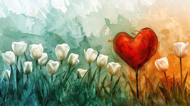 concept of Parkinson's disease day , 11 april, Alzheimer awareness day, dementia diagnosis, memory loss disorder, heart shape and tulip flowers watercolor art in red and white color, cards, banner