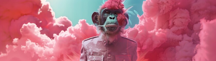 A close-up reveals a bearded monkey with a mustache in a pink stewardess uniform, adorned with turquoise wings, surrounded by fluffy clouds in shades of pink Isn't it simply magical?