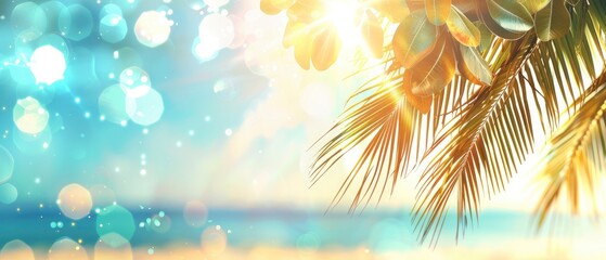 Fototapeta na wymiar Abstract Blurred Seascape with Sun Rays, Light Blue Sky, and Palm Tree - Perfect Vacation Banner with Copy Space, Sparkling Bokeh, and Sun Beams