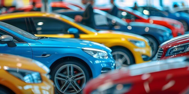 Busy car dealership with customers browsing vehicles salespeople assisting and colorful cars on display. Concept Car Dealership, Customer Service, Vehicle Sales, Colorful Cars, Shopping Experience
