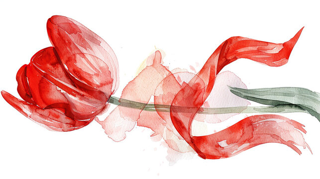 World Parkinson's disease day card with red tulip flower, ribbon,on white background, concept of Parkinson's disease day , 11 april, Alzheimer awareness day, dementia diagnosis, memory loss disorder, 