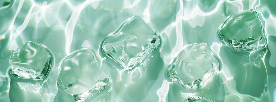 light green liquid and ice cubes, shiny light reflections,generative ai