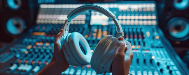  Close Up of Hands Holding White Headphones in a Music Studio, Focus on Headphones, with Recording Equipment in the Background - obrazy, fototapety, plakaty