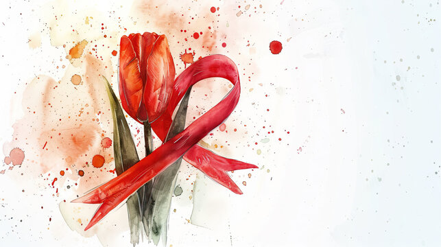 World Parkinson's disease day card with red tulip flower, ribbon,on white background, concept of Parkinson's disease day , 11 april, Alzheimer awareness day, dementia diagnosis, memory loss disorder, 