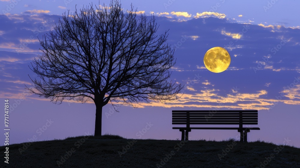 Poster a bench under a full moon, in front of a tree with a tree in the foreground