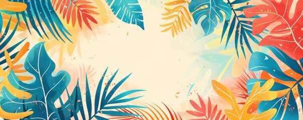 Fototapeta na wymiar Vector Presentation Design of Tropical Leaves Framing Colorful Background in Flat Illustration Style