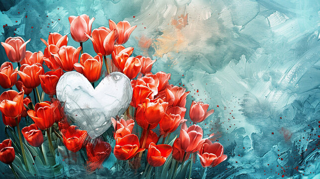 concept of Parkinson's disease day , 11 april, Alzheimer awareness day, dementia diagnosis, memory loss disorder, heart shape and tulip flowers watercolor art in red and white color, cards, banner