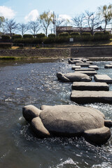 Stepping stones through Kamo river and decorative elements (turtles)
