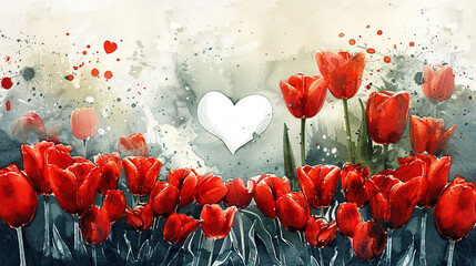 concept of Parkinson's disease day , 11 april, Alzheimer awareness day, dementia diagnosis, memory loss disorder, heart shape and tulip flowers watercolor art in red and white color, cards, banner