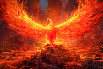 Foto op Canvas A red bird with flames on its wings flying through a rocky landscape. © Алла Морозова