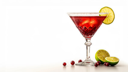Cosmopolitan cocktail in classic crystal glass with a slice of lime on a white background, copy space.