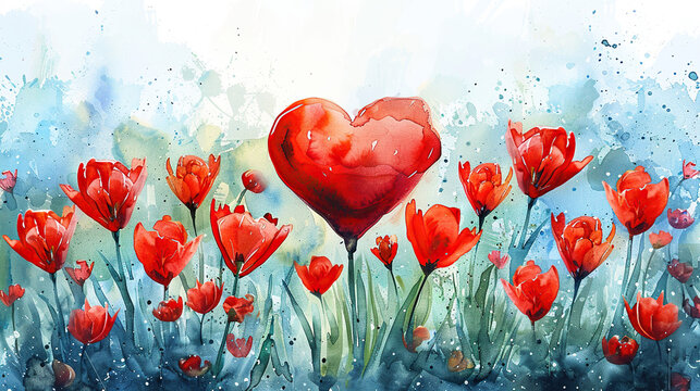concept of Parkinson's disease day , 11 april, Alzheimer awareness day, dementia diagnosis, memory loss disorder, heart shape and tulip flowers watercolor art in red and white color, cards, banner - Powered by Adobe