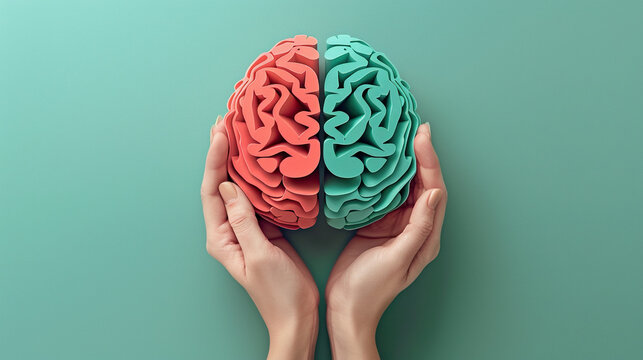 3d colorful brain illustration in human hands, Alzheimer awareness day, dementia diagnosis, Parkinson's disease, memory loss disorder concept 