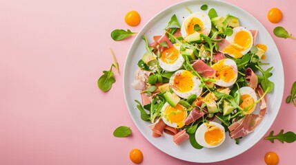  A vibrant plate of salad with hard-boiled eggs, ham, avocado, and fresh spinach on a delightful pink backdrop
