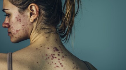 Profile of a woman with acne on face and back. Studio photography with blue background. Skin condition and dermatology concept - obrazy, fototapety, plakaty