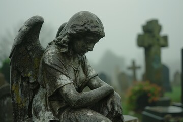 An old statue of a mourning angel on a headstone in a cemetery - obrazy, fototapety, plakaty