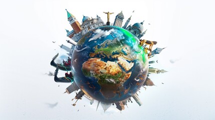 A super realistic, miniature globe set against a stark white background, where the world's architectural and natural landmarks are miniaturized.