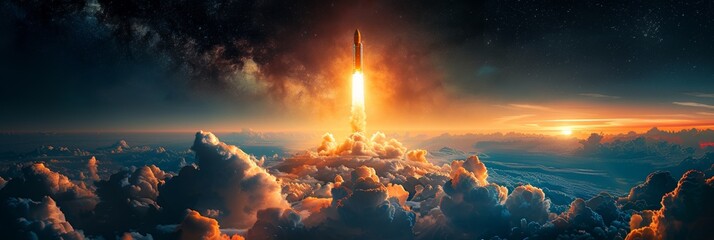 A spaceship takes off with flames blazing, venturing into the vastness of space. - 771749478