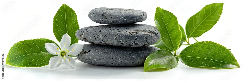 Poster experience the essence of simplicity with a stack of herbal stones in a tranquil spa setting.