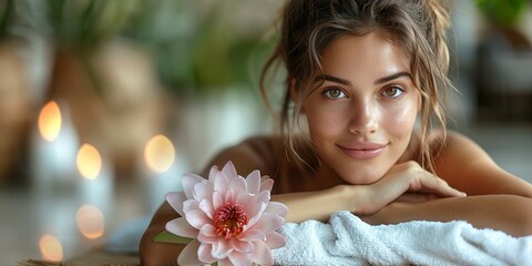 Obraz na płótnie Canvas A serene portrait of a youthful lady enjoying a spa treatment amidst a bouquet of fresh flowers.
