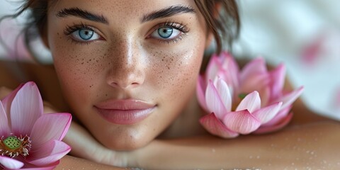 An alluring freckled woman enjoys a perfect complexion treatment amidst a spa's lotus ambiance. - obrazy, fototapety, plakaty