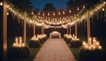 Elements of the wedding decor of the night ceremony. outdoor string lights. Wedding ceremony evening with candles and lamps - obrazy, fototapety, plakaty