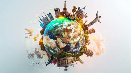 A super realistic, miniature globe set against a stark white background, where the world's architectural and natural landmarks are miniaturized.