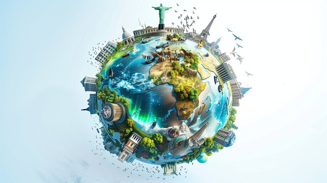 A super realistic, miniature globe set against a stark white background, where the world's architectural and natural landmarks are miniaturized.