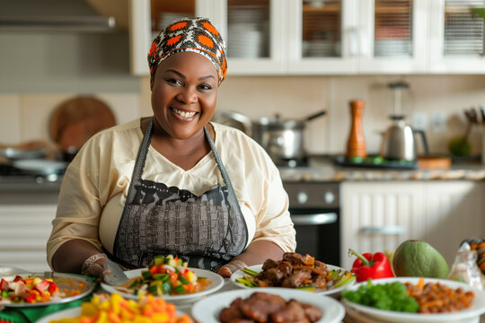 a beautiful plus size black woman wearing an apron and headscarf in her kitchen, she is smiling at the camera while standing behind a table with various plates of food on it, such as African o火灾o, chu