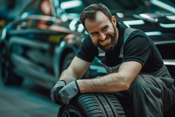 smiling mechanic in overalls with black t-shirt and gray gloves working on tire in modern car service