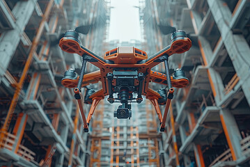 Drone flies over the construction of a building for inspection and monitoring