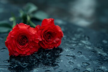 Two red carnations on a black granite monument in the cemetery in the rain