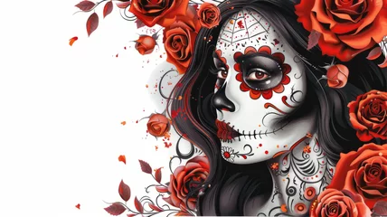 Fotobehang dia de los muertos girl fad with roses. Tattoo style artwork white background,generative ai © LomaPari2021