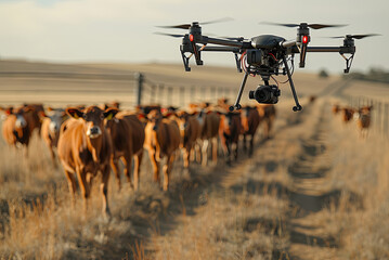 Drone is flying over a herd of cows and grazing them. Smart technologies in farming - obrazy, fototapety, plakaty