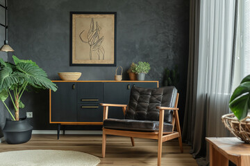 Mid-Century Modern Living Room with Dark Walls and Wooden Furniture. Contemporary Dark Aesthetic Lounge with Leather Armchair and Plants