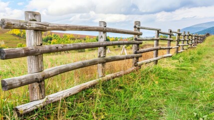 Fototapeta na wymiar Wooden fence separates lush green field from majestic mountain range in background