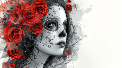 dia de los muertos girl fad with roses. Tattoo style artwork white background,generative ai - obrazy, fototapety, plakaty