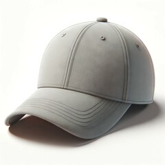 Grey baseball cap with textured fabric on white background. Textured Grey sports cap with curved brim. Concept of casual wear, sunny color headgear, summer fashion, and active lifestyle.