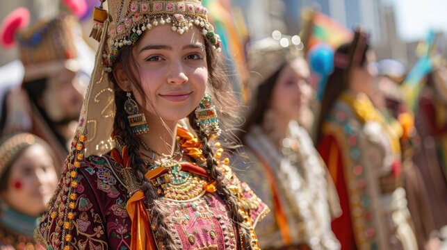 A vibrant celebration of the Assyrian New Year, showcasing a parade with participants dressed in traditional Assyrian costumes