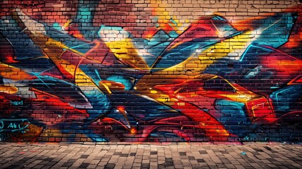 A vibrant and dynamic graffiti artwork covering an entire brick wall, showcasing a blend of abstract shapes and vivid colors that pop against the urban backdrop. - 771750605