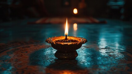A traditional Nilavilakku (oil lamp) illuminating a dark room, casting a warm glow that signifies prosperity and enlightenment associated with Vishu. - obrazy, fototapety, plakaty
