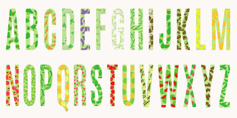 Alphabet with fruit and vegetable patterns, a set of letters with edible patterns for design and creativity