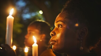 Close-up of a woman holding a candle in a vigil setting. Commemoration and remembrance concept. Design for awareness campaigns, prayer meetings - obrazy, fototapety, plakaty