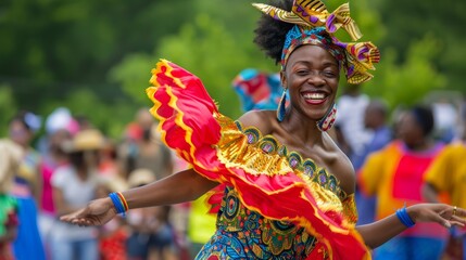 Dancer in vibrant traditional African costume at cultural parade. Festive and joyful celebration concept. Design for cultural festivals, dance performances
