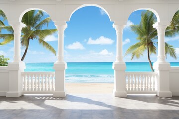 Scenic view of beach and sea through ancient architectural columns. Copy space for text
