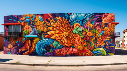 Dive into the intricate designs of a vibrant street art mural adorning a city wall.